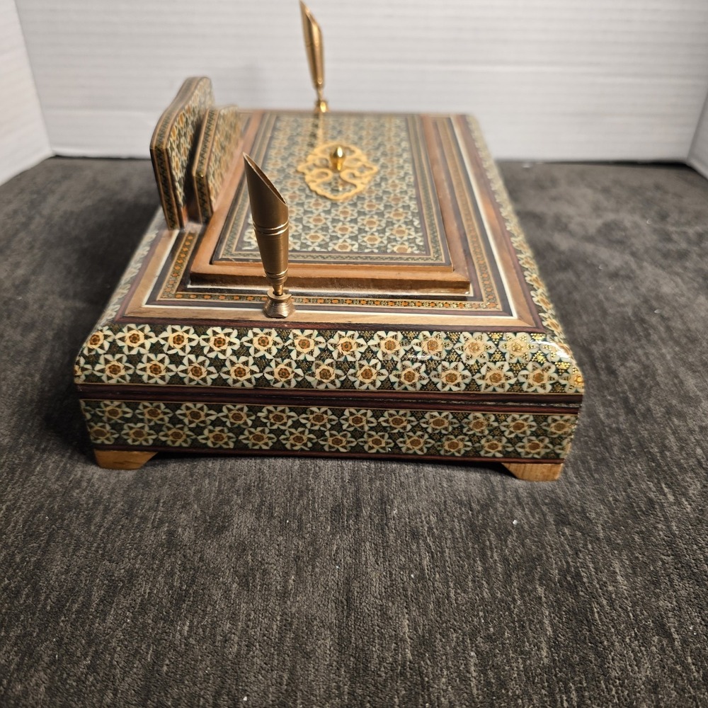 Handcrafted Inlay Desk Organizer Persian Khatam Marquetry Pen Card Holder Box - Picture 6 of 9